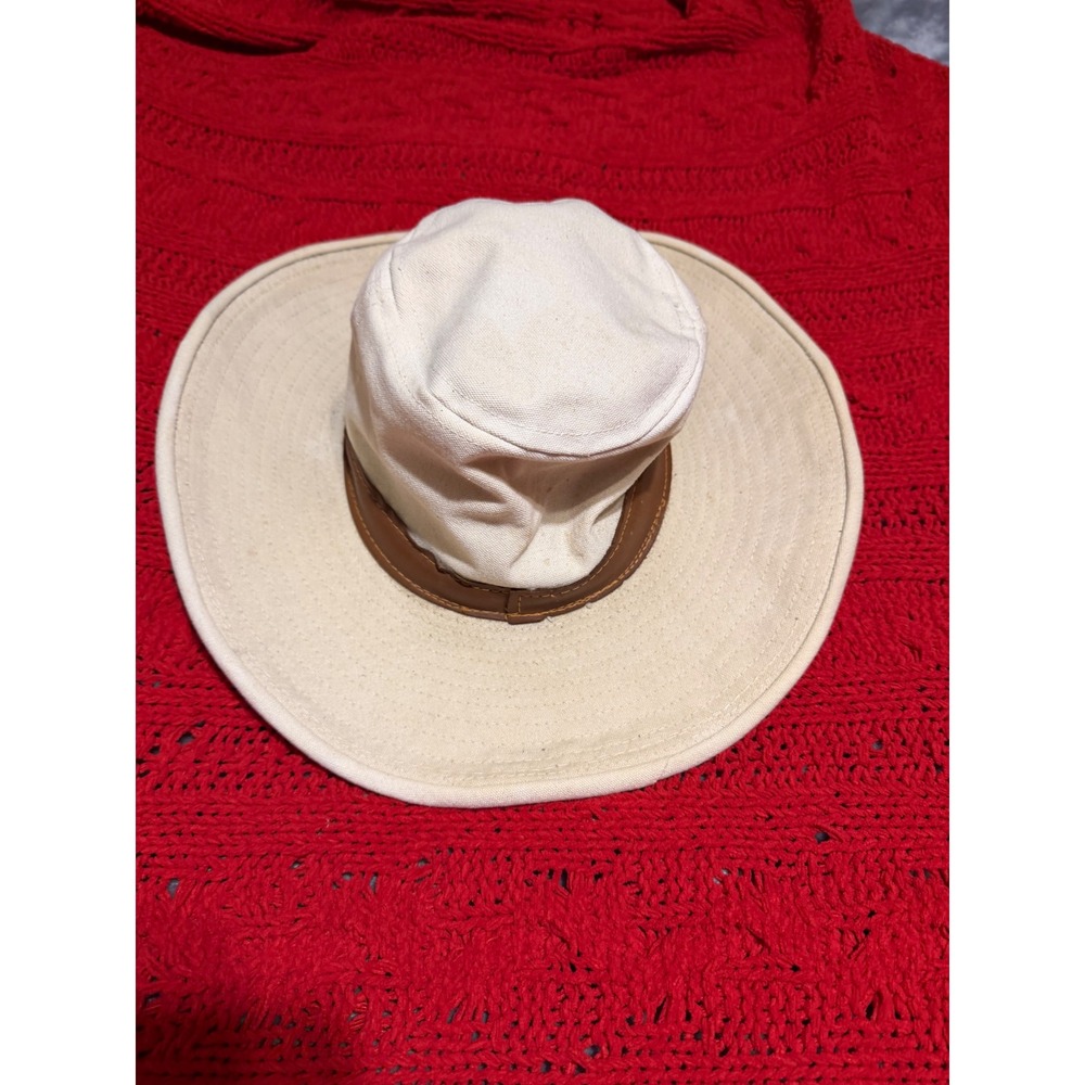 Vintage Eddie Bauer Canvas Safari Hat Made in USA Cream Leather Trim Large